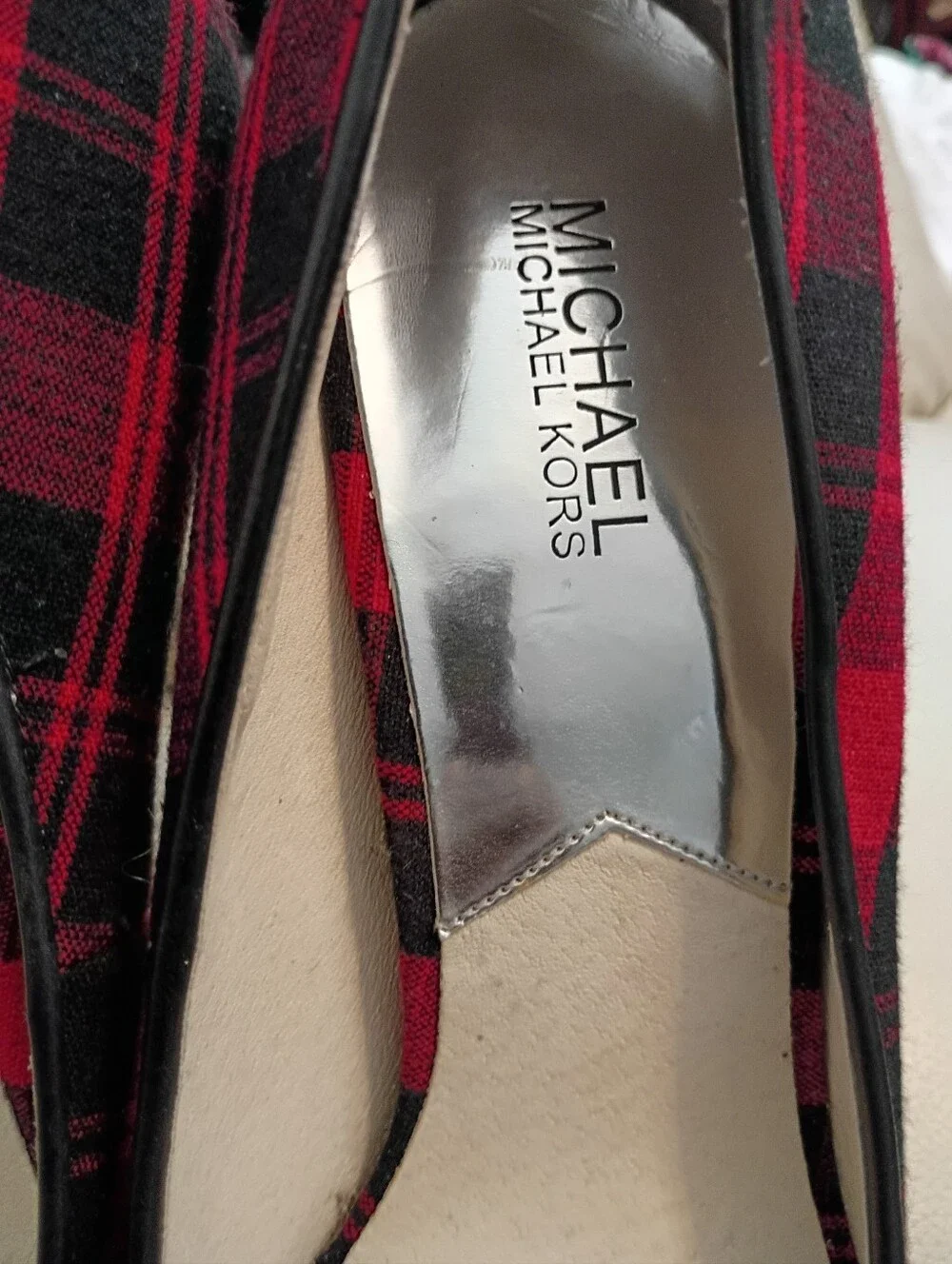 Michael Kors Red and Black Plaid Peep-Toe Heels